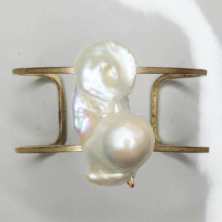 Sara Sela Jewelry - Wholesale Cuff Bracelet - Bold Natural Baroque Pearl Wrapped Brass Cuff Bracelet