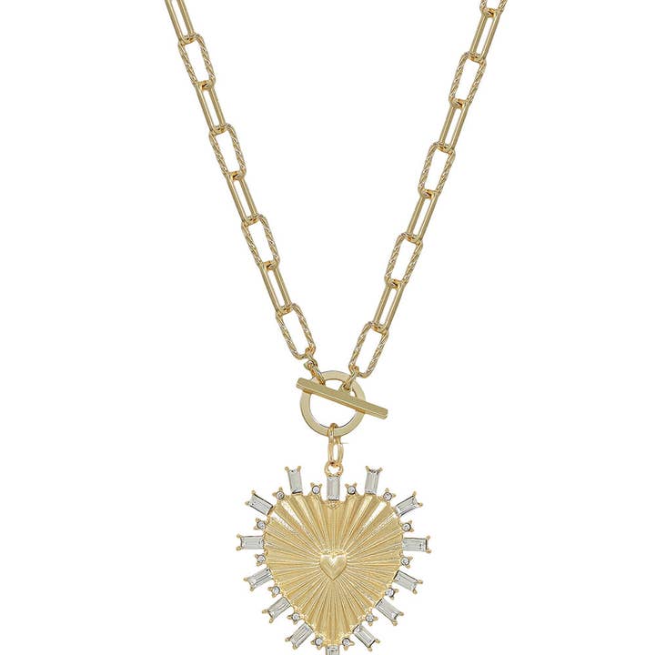 Gold Chain with Rhinestone Studded Heart Charm 16"-18" Necklace for wholesale by What's Hot