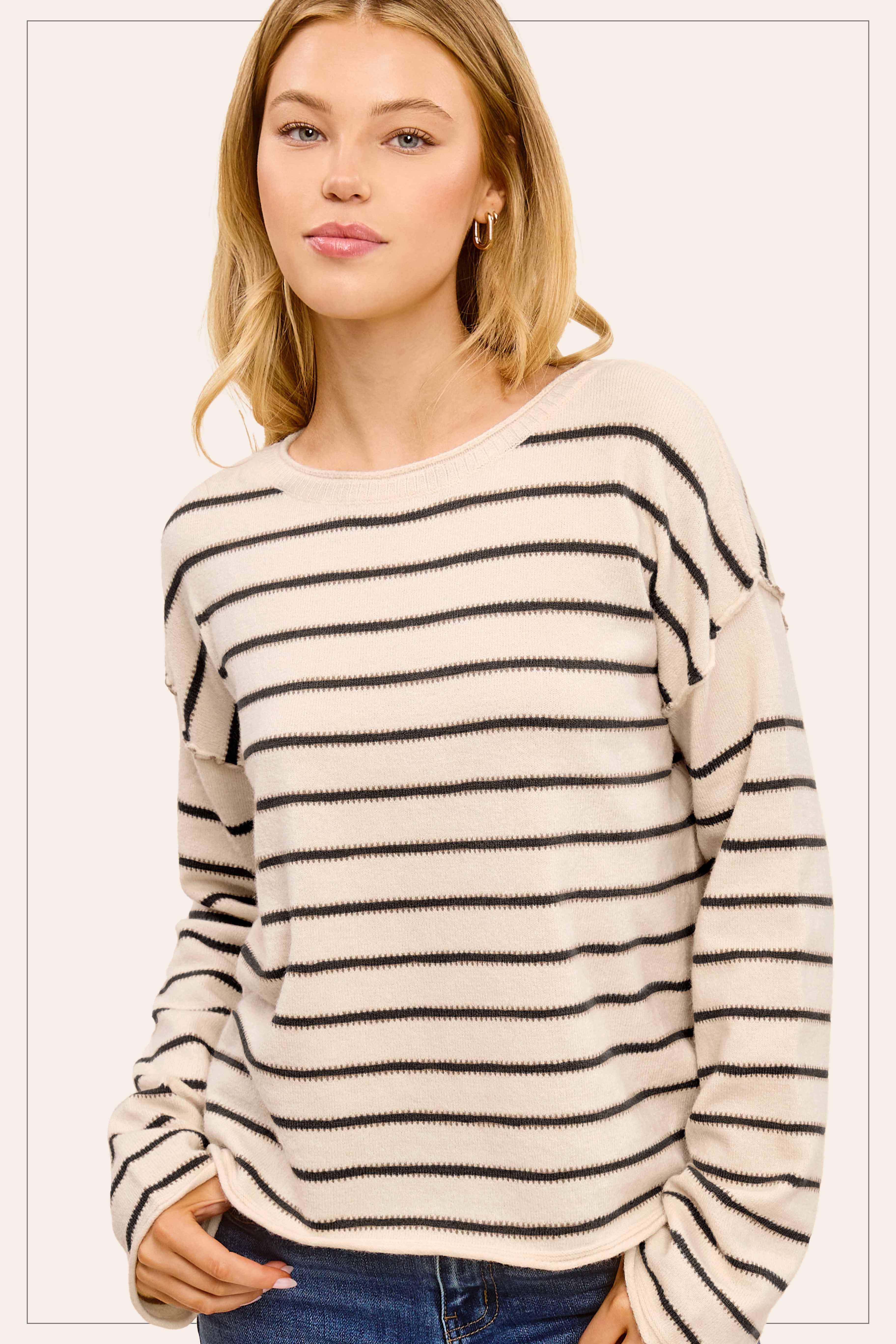 La Miel - Wholesale Knit Sweater - Women's - MCS3588-Striped Round Neck Loose Fit Long Sleeve Sweater19