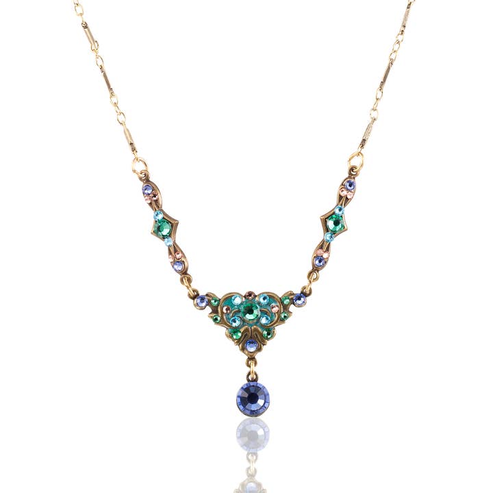 Scrolling Green Peach and Blue Violet Crystal Drop Necklace for wholesale by Anne Koplik Designs, Inc.