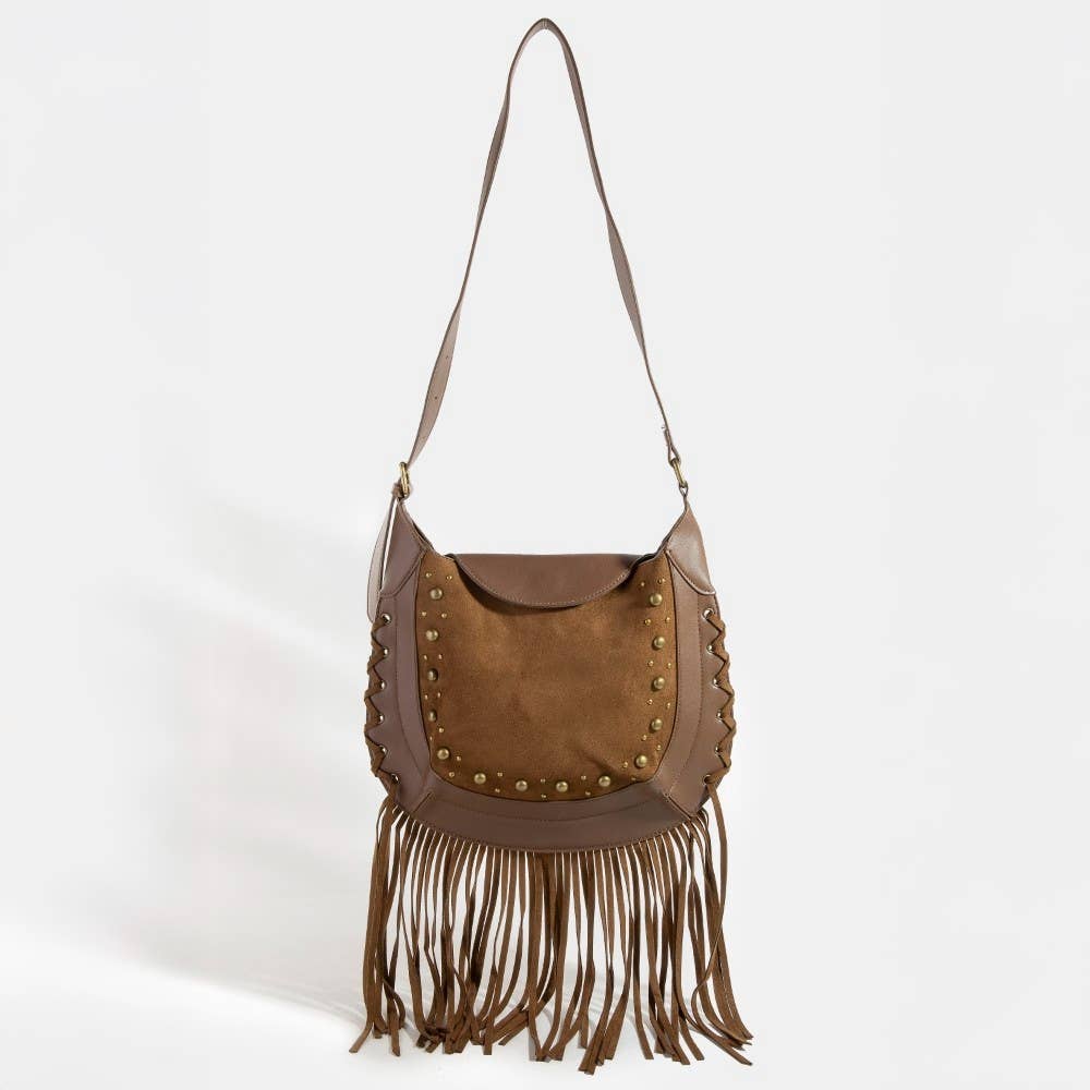 Collections by Fame Accessories - Venta al por mayor Bolso con correa - Mujer - Bolso de hombro con flecos de ante y ribetes de remaches6