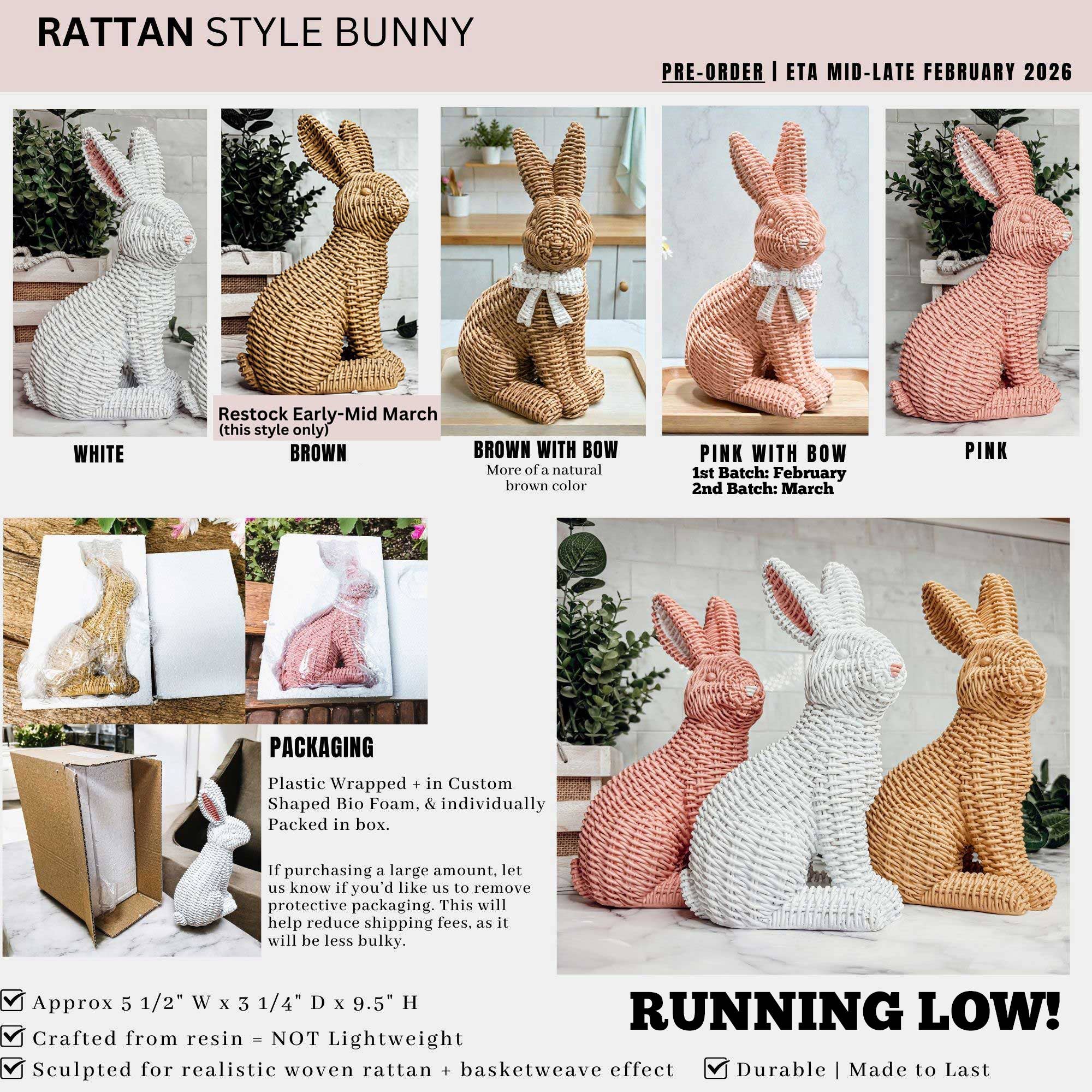 Gia Roma - Wholesale Sculpture - Easter Farmhouse Home Decor, Resin Bunny Figurine Rattan 2