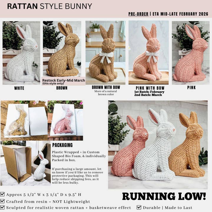 Gia Roma - Wholesale Sculpture - Easter Farmhouse Home Decor, Resin Bunny Figurine Rattan 2