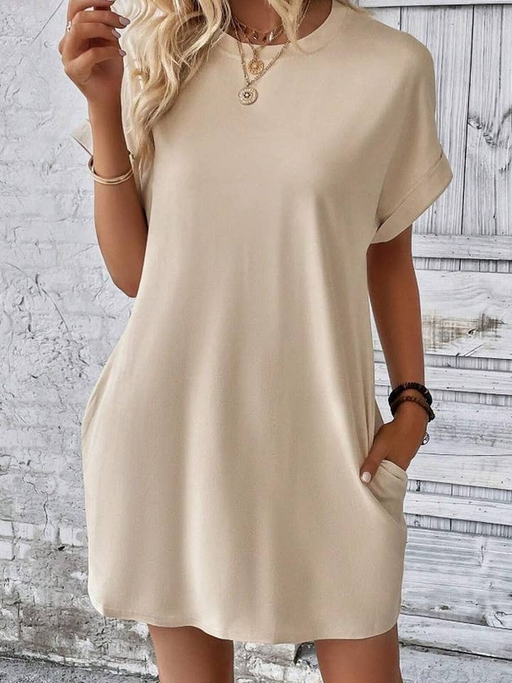 NINEXIS - Vente Robe – femme - CWDSD3628_ROBE COURTE À COL ROND ET POCHES AMPLES DE COULEUR UNIE15