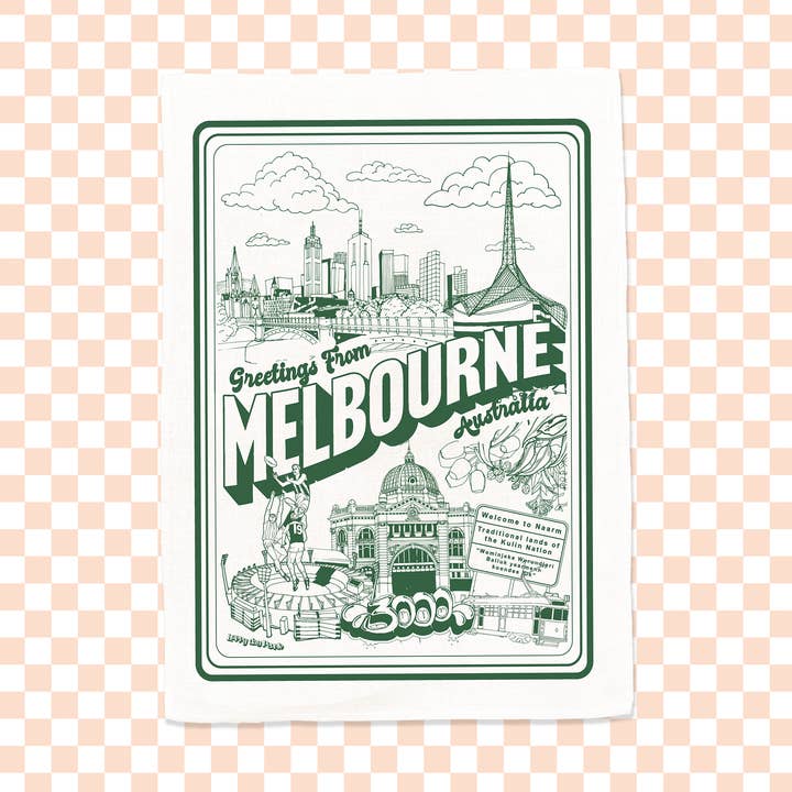 Greetings from Melbourne Classic Printed Cotton Tea Towel for wholesale by Happy Day People
