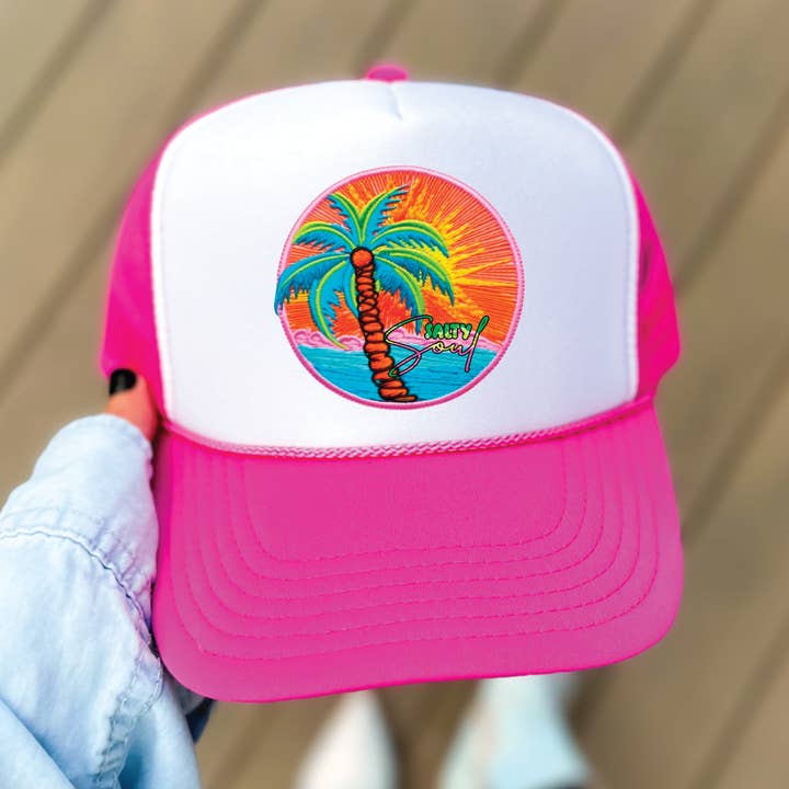 Salty Soul DTF Printed Hot Pink and White Trucker Hat for wholesale by Southern Attitude Designs Inc