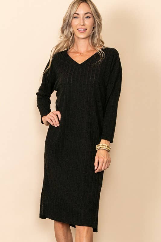 Elloh Collection - Wholesale Dress - Women's - Comfy Long Sleeve V Neck Knit Dress with Side Slits7