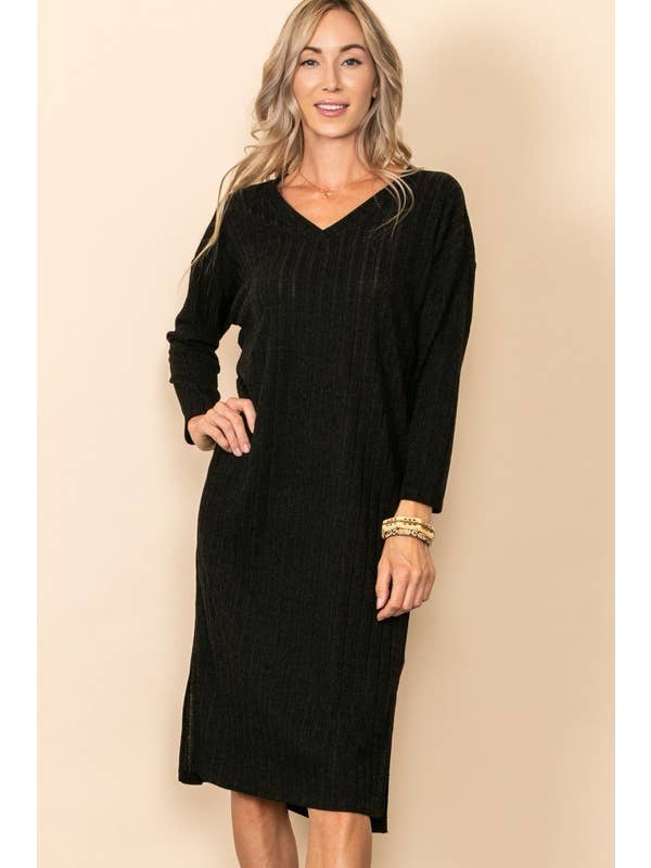 Elloh Collection - Wholesale Dress - Women's - Comfy Long Sleeve V Neck Knit Dress with Side Slits7