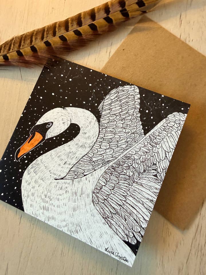 Snowy Swan Card - 5x5 Blank Greeting Card for wholesale by MossyPathArt