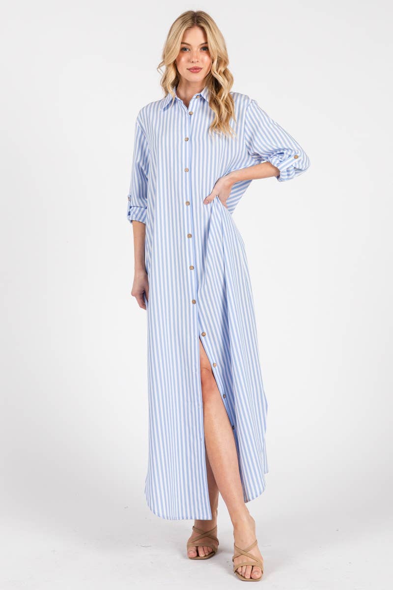 Peace Love Line – wholesale Dress – Women's – SLI3048 - STRIPED BUTTON DOWN SHIRT MAXI DRESS1