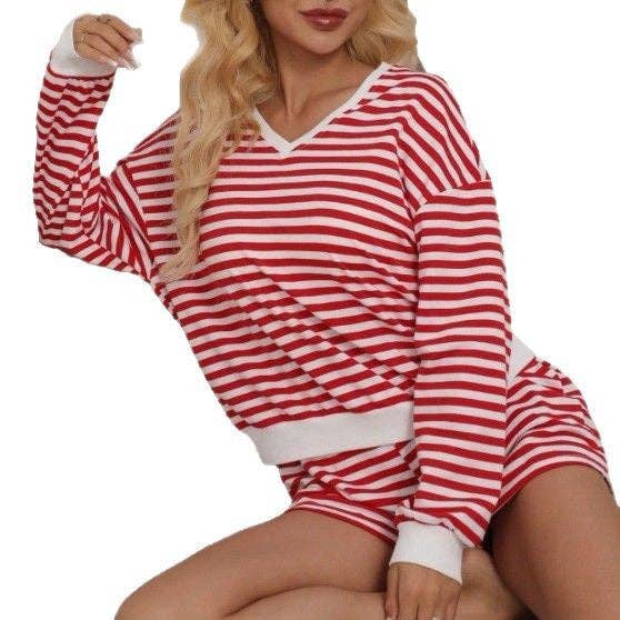 EmberLoom - Wholesale Lounge Set - Women's - Women Striped  Long Sleeve Top and Shorts 2-Piece Lounge Set7