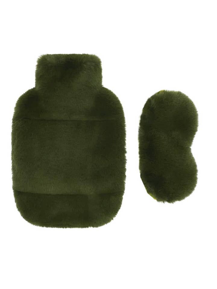 SET VAN WARMWATERKRUIK EN OOGMASKER VAN IMITATIEBONT IN OLIJFGROEN voor wholesale door NOOKI DESIGN LTD