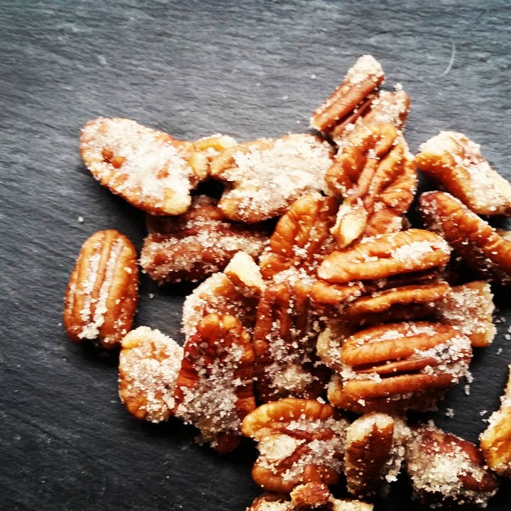 BOURBON BACON PECANS 5OZ for wholesale by Grown Wild Foods