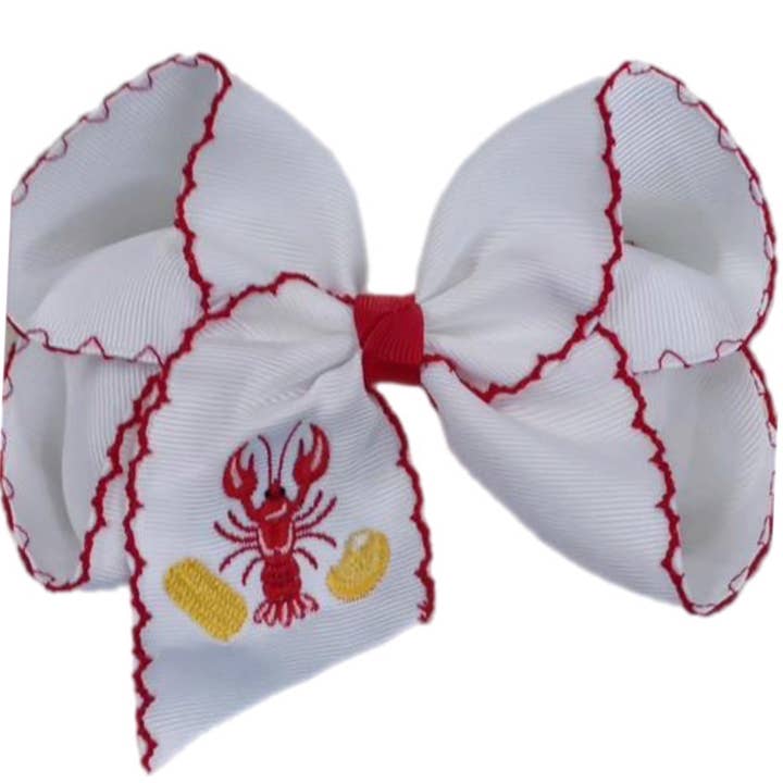 Crawfish Boil Embroidered Hair Bow for wholesale by Just For Fun Threads