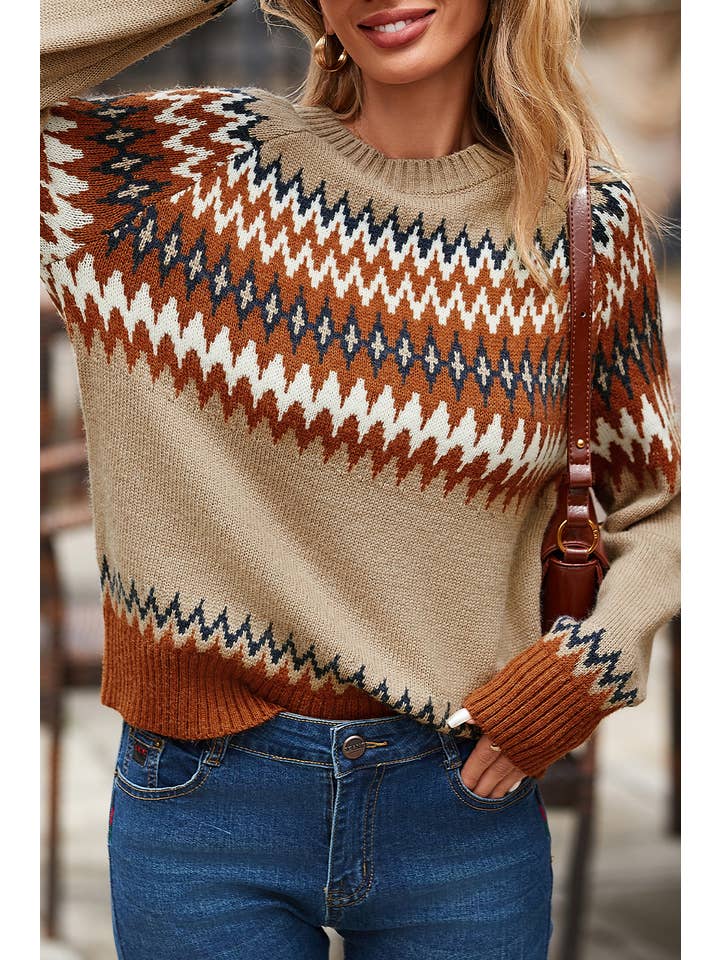 Khaki LDC Western Print Colorblock Crew Neck Sweater for wholesale on Faire4