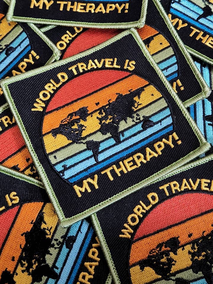 "World Travel is my Therapy" 1-pc, Iron-on Patch, Size 3"x3" for wholesale by Patch Party Club