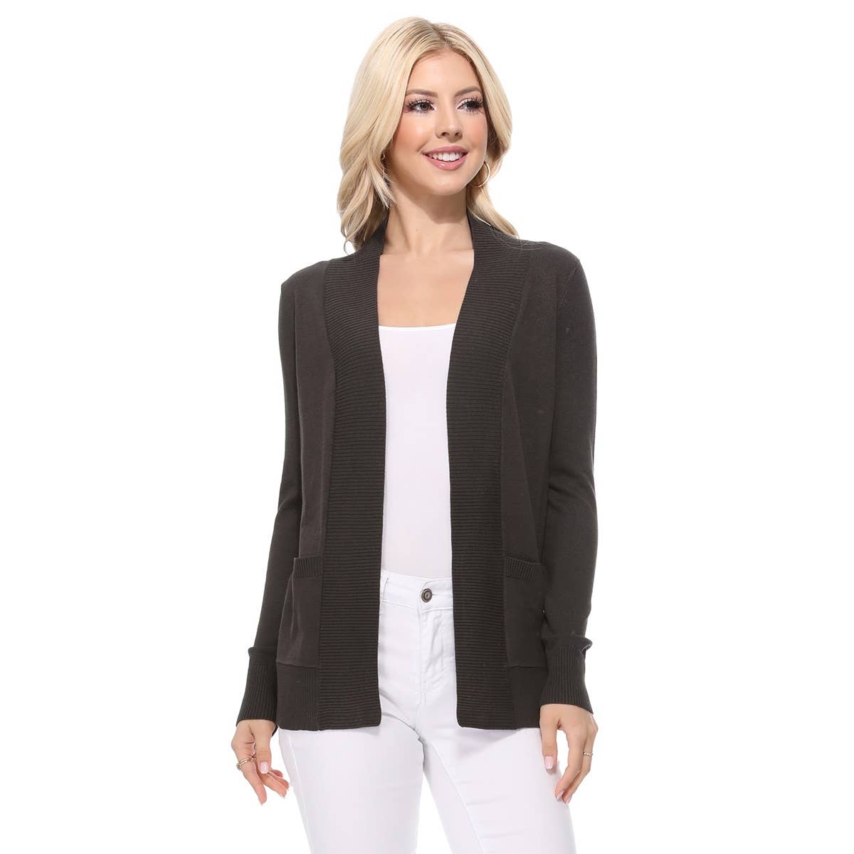 Mak - Wholesale Cardigan - Women's - Long Sleeve Open Front Knit Shrug w/ Pocket Cardigan MK8558Y3