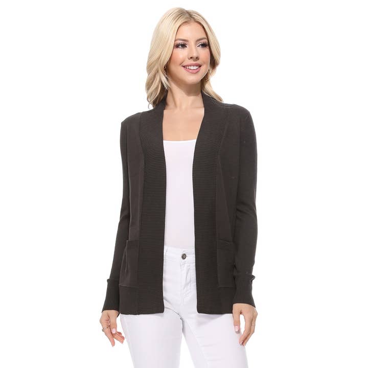 Mak - Wholesale Cardigan - Women's - Long Sleeve Open Front Knit Shrug w/ Pocket Cardigan MK8558Y3