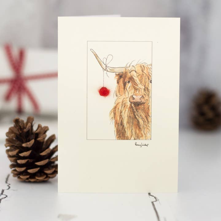 Highland cow & Bauble Christmas card with hand finish for wholesale by Papersheep UK