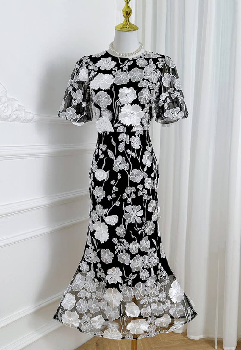 Sanyao Fashion - Wholesale Dress - Women's - SY474 3D Floral Embroidered Puff Sleeve Fishtail Skirt10