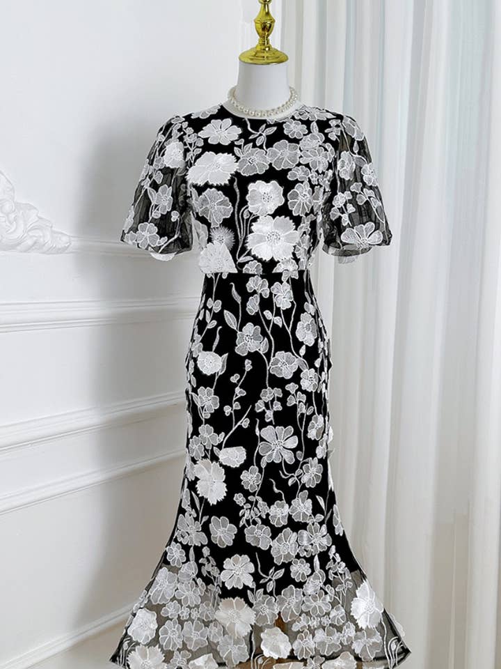 Sanyao Fashion - Wholesale Dress - Women's - SY474 3D Floral Embroidered Puff Sleeve Fishtail Skirt10