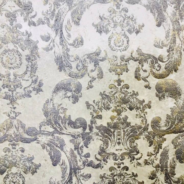 Fancy Styles Fabric – wholesale Fabric – NEW! Queen Renee Antique Inspired Burnout Velvet Damask Fabric - White W/ Silver & Gray