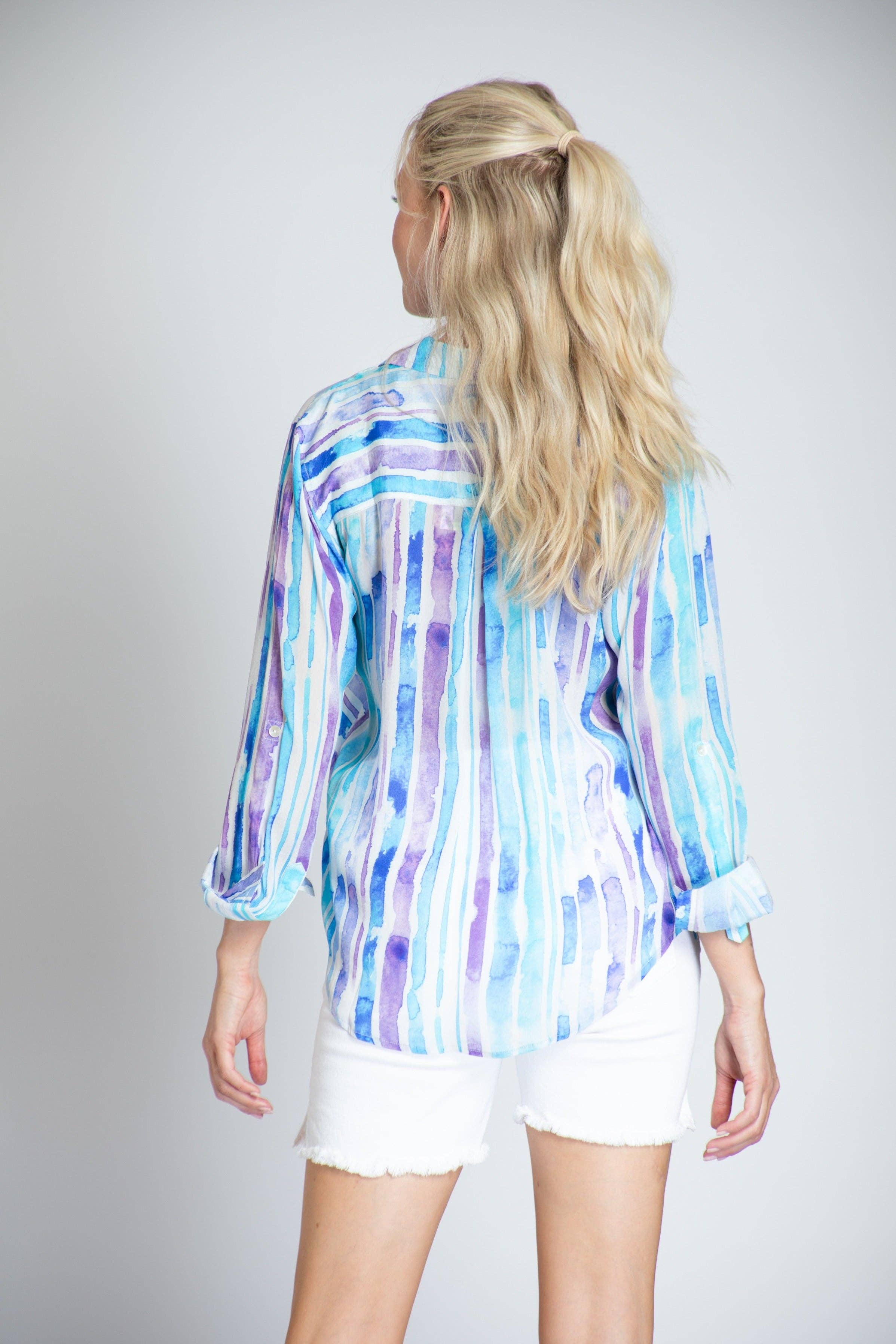 No Color Watercolor  Stripe Print - Button-up With Roll-up Sleeve for wholesale on Faire2