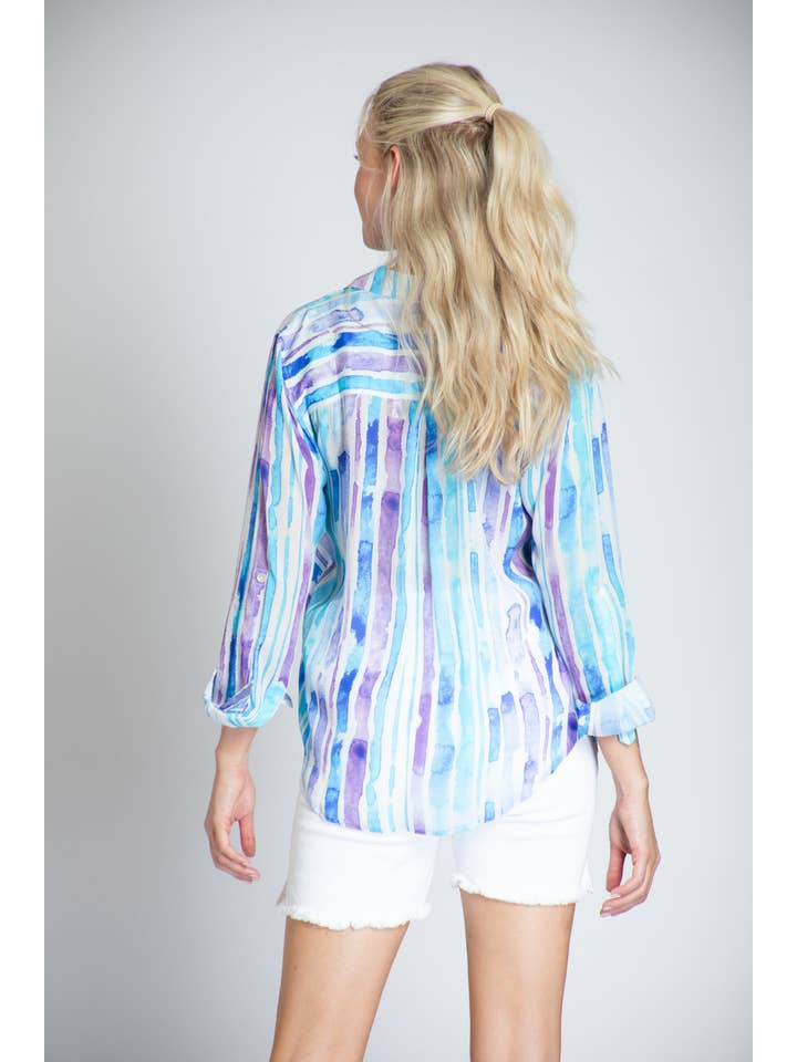 Keine Farbe Wasserfarben-Streifendruck — Knopfleiste mit Aufrollärmeln für den Großhandel auf Faire2