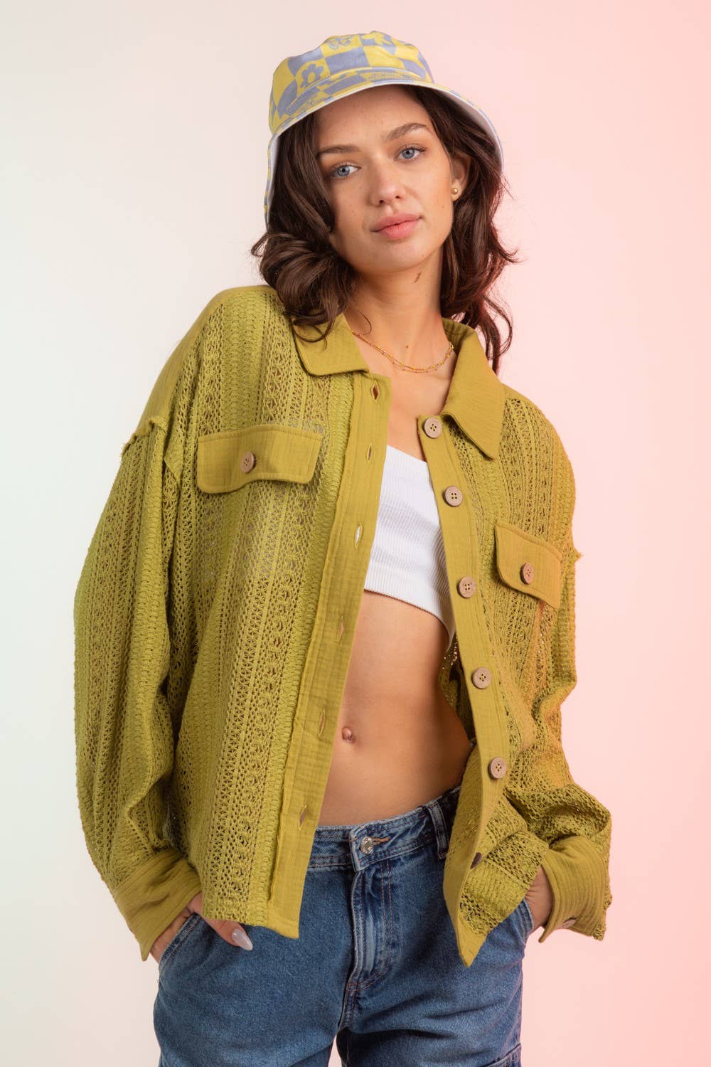 YELLOW NJ90118-Lace Crochet Button Down Sheer Shacket for wholesale on Faire1