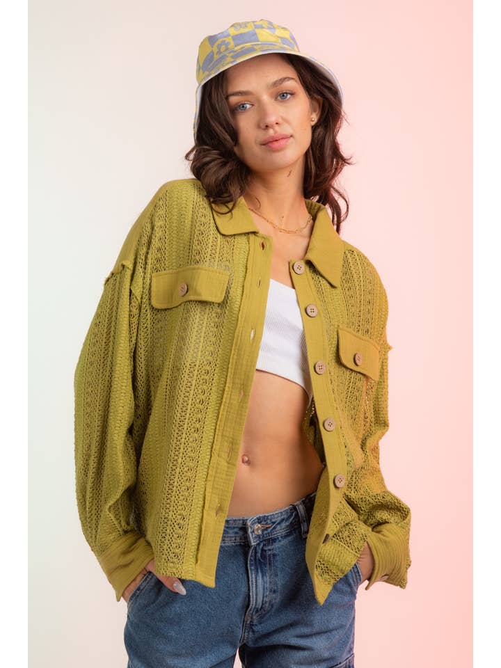 YELLOW NJ90118-Lace Crochet Button Down Sheer Shacket for wholesale on Faire1