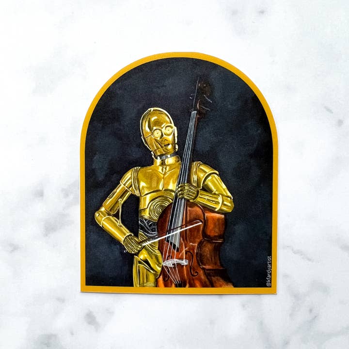 C3PO Playing the Bass vinyl art sticker for wholesale by Kristin Fardy Artist