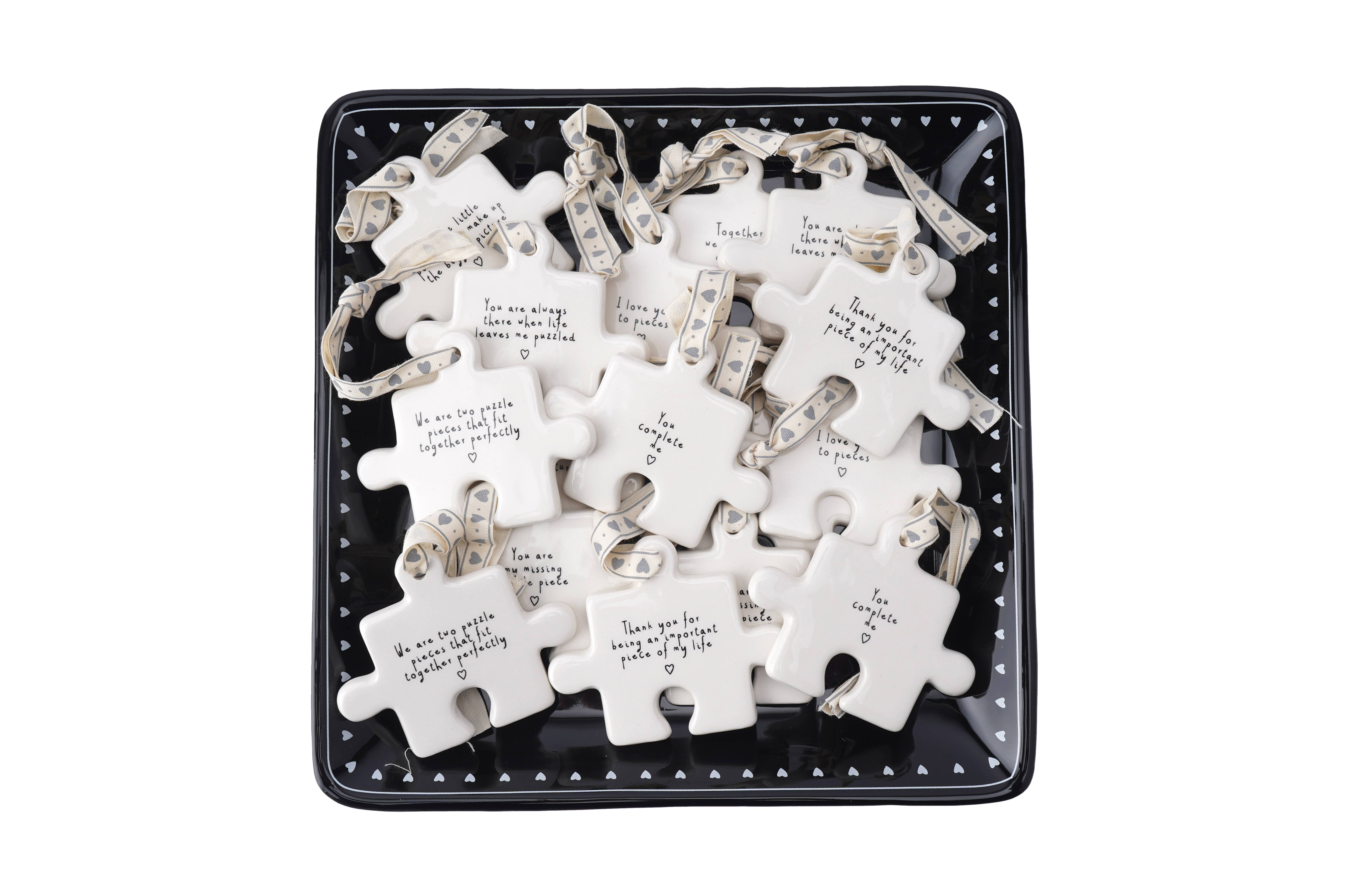 CGB Giftware - Wholesale Decorative tabletop object - Send With Love 8 Assorted Jigsaw Hangers In Dish