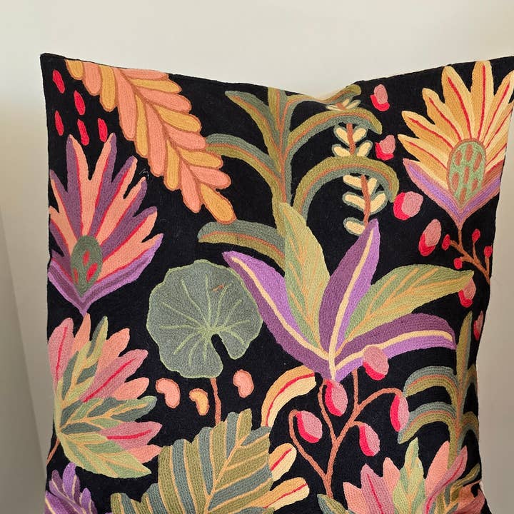 Hand embroidered cushion cover - flowers on black background for wholesale by salty cactus