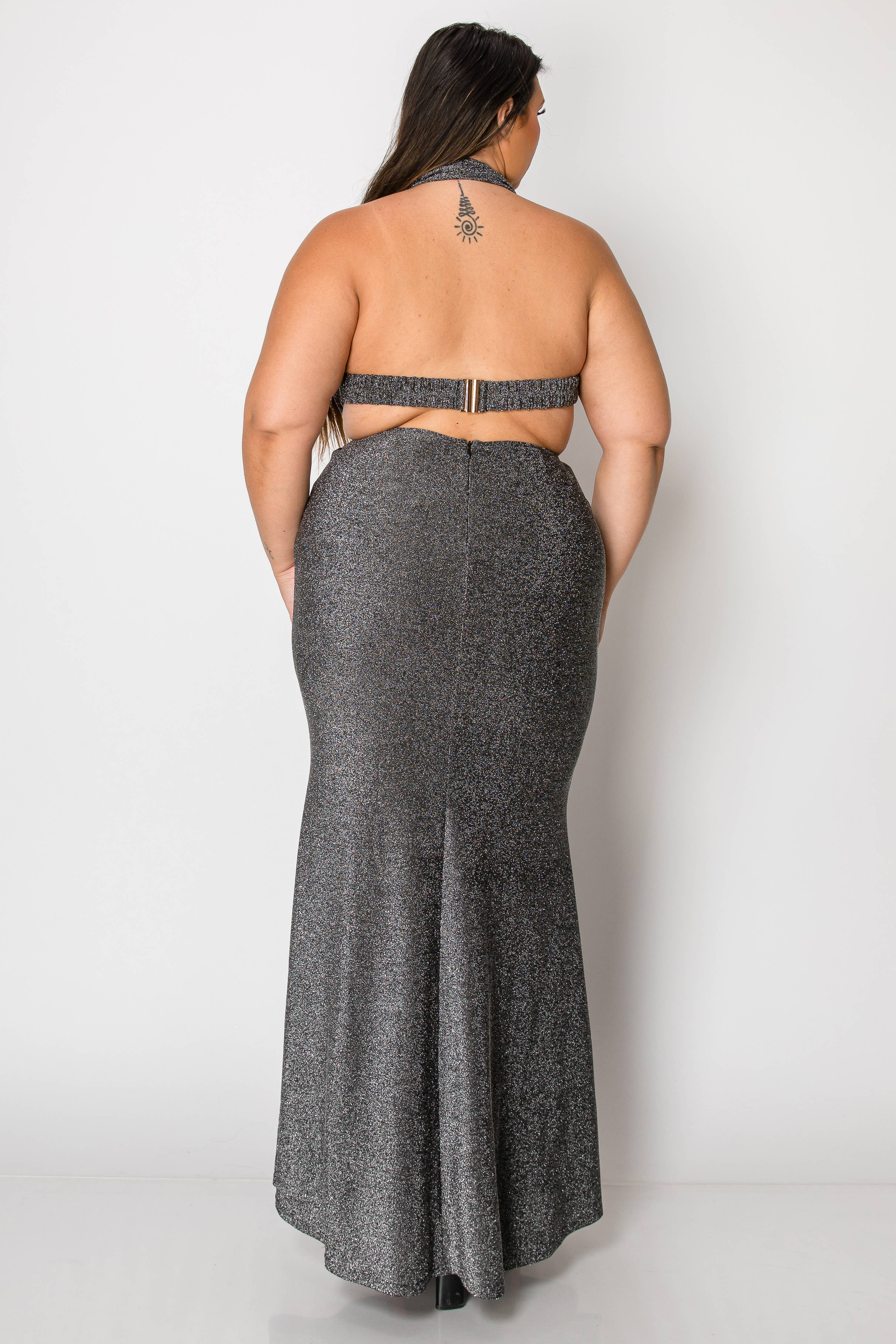 svart/silver DM3908X PLUS Lurex stickad tyggrimma med öppen rygg lång klänning  för wholesale på Faire3