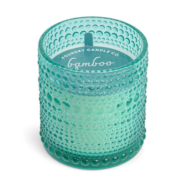 Turquoise Textured Glass Candle: Bamboo & Aloe Water for wholesale by Foundry Candle Co