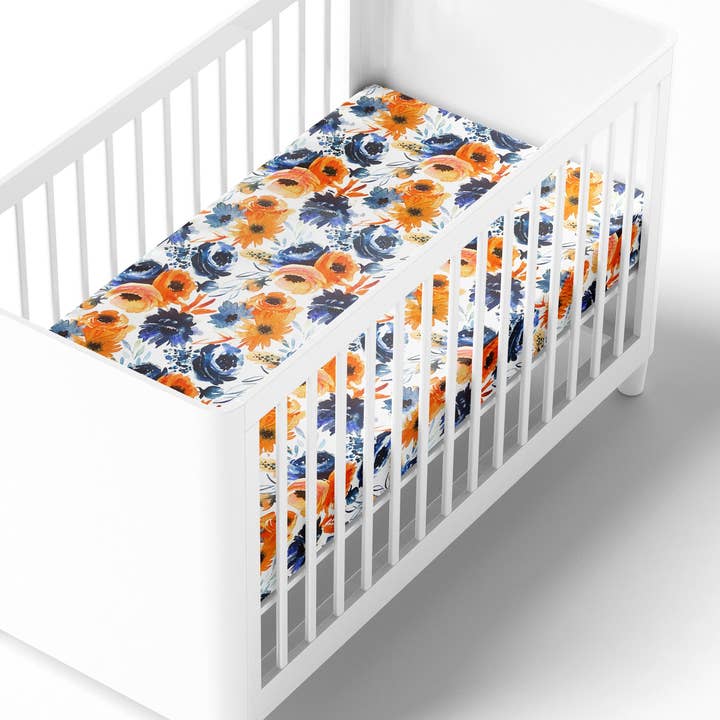 Mini Crib / Pack N Play Sheet | Navy Orange Floral for wholesale by One Kind Clothing