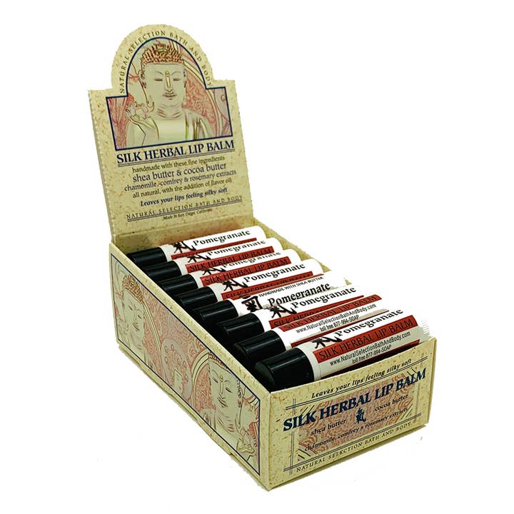 Silk Herbal Lip Balm Box/24-natural zen buddha healing yoga for wholesale by Natural Selection Bath and Body