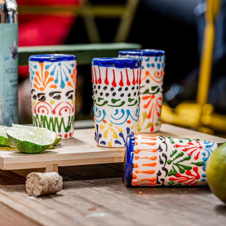 MEXTEQUIL - Wholesale Shot Glass - MEXTEQUIL Talavera Shot Glasses - Set of 4 - 2 Oz-Colors Lace
