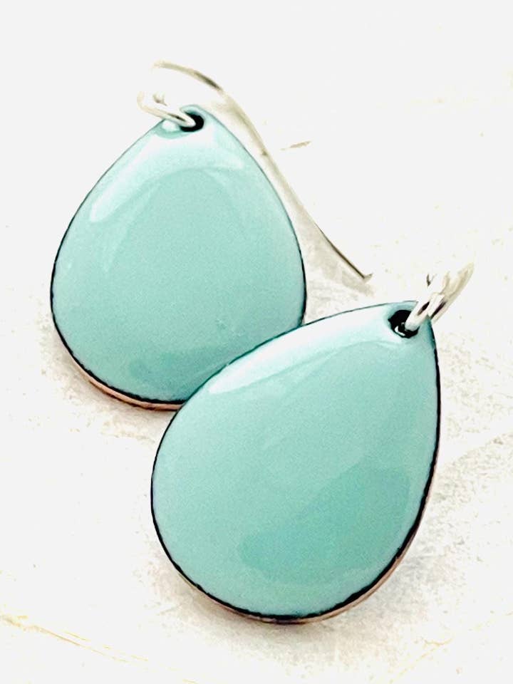 Small Teardrop Earrings, Robins Egg Blue Enamel for wholesale by Magpie Mouse Studios