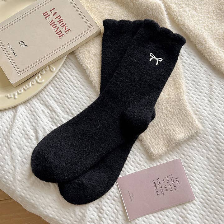 MKS America - Wholesale Socks - Women's - Bow, Camellia Embroidered Fleece Socks1