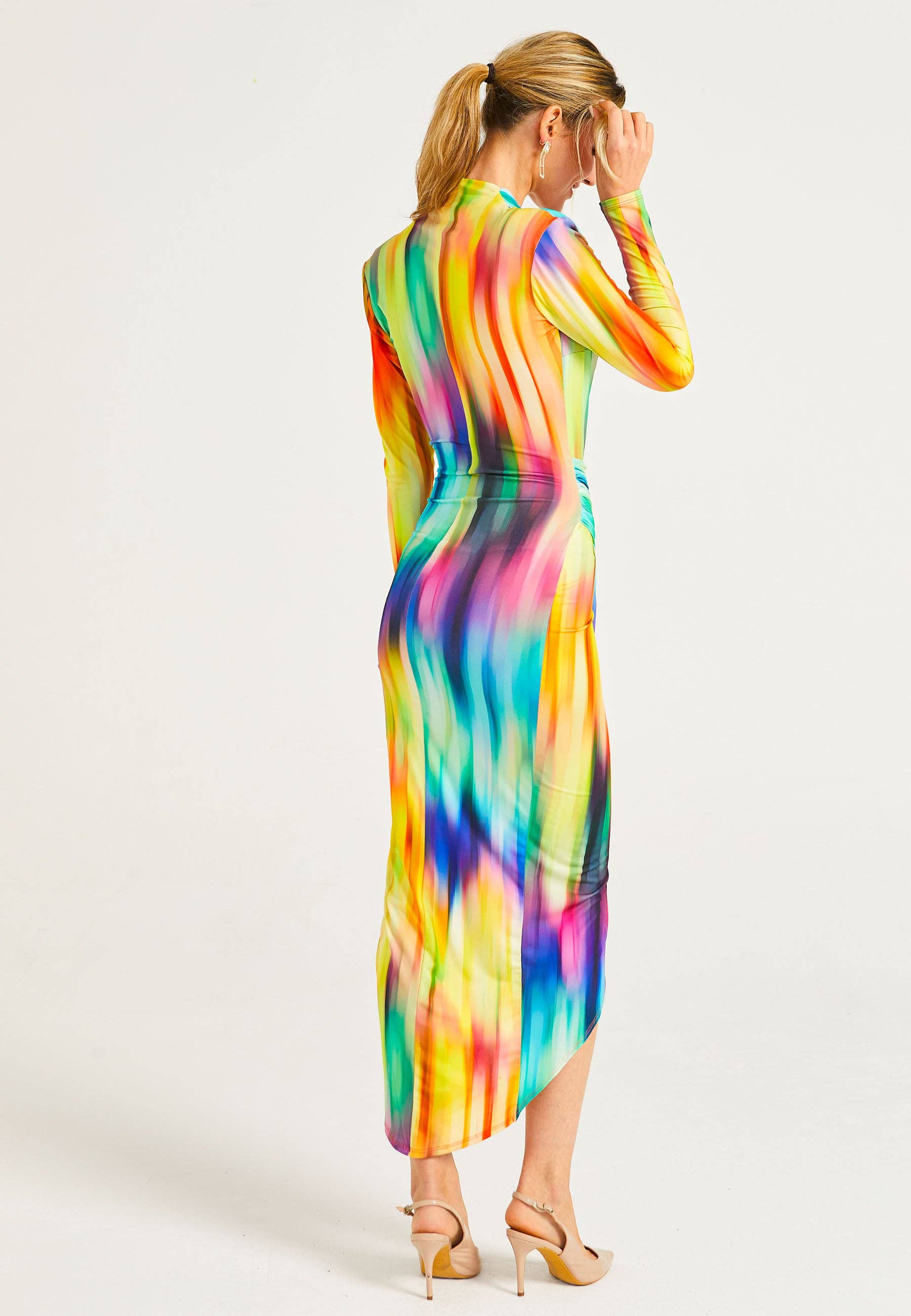 ANGELEYE - Wholesale Dress - Women's - Plunge Neck Faux Wrap Print Midi Dress in Rainbow2