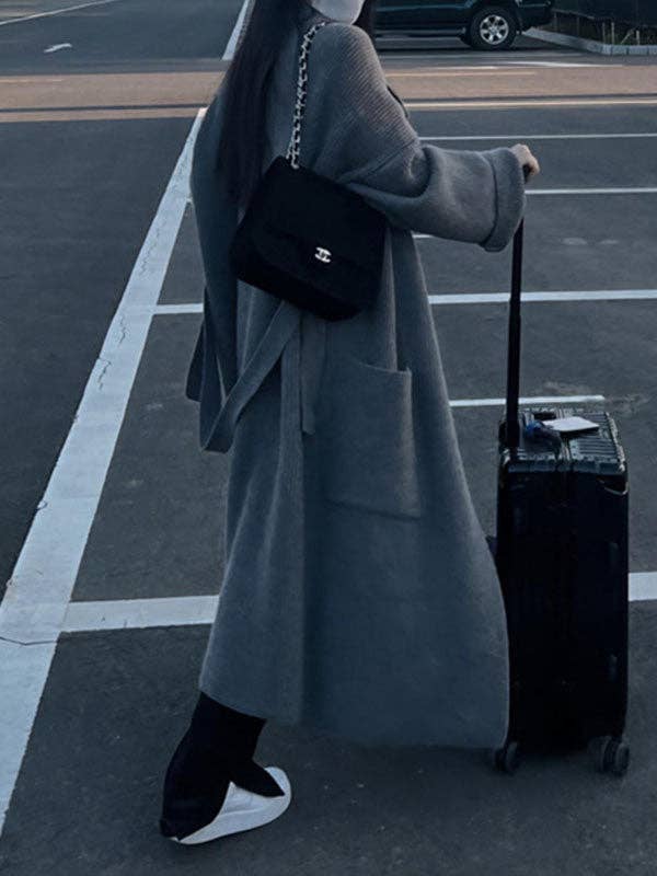 StyleGalX - Wholesale Cardigan - Women's - Long Sleeves Loose Pockets Solid Color Tied Waist Notched Collar Cardigan Coats7