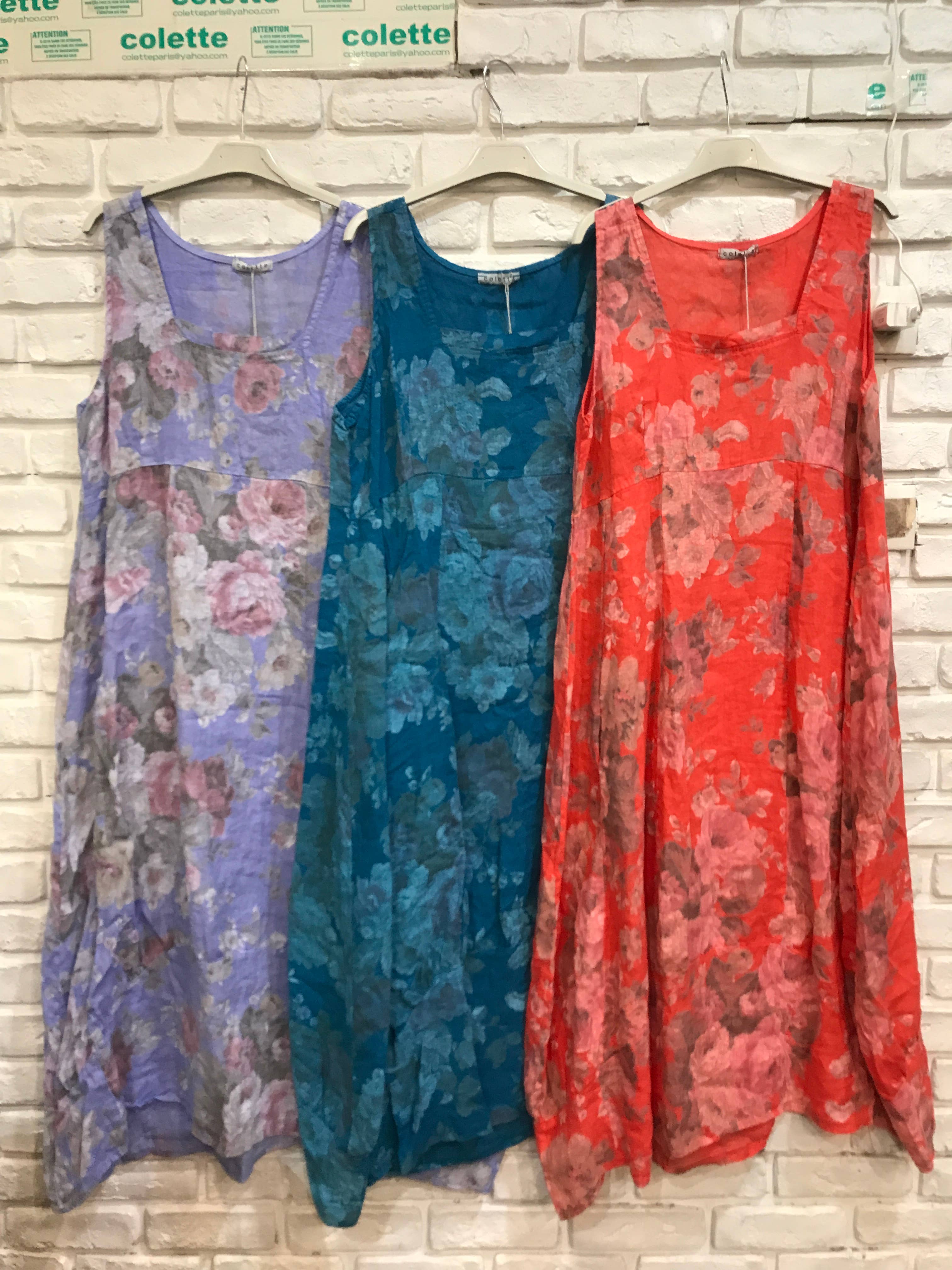 la maison des fibres naturelles - Wholesale Dress - Women's - sleeveless floral dress in 100% linen 62238