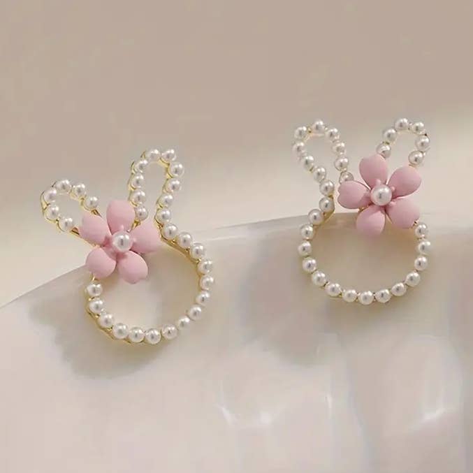 Pink Pearl Easter Bunny Stud Earrings for wholesale by Kate Tuesday Jewelry