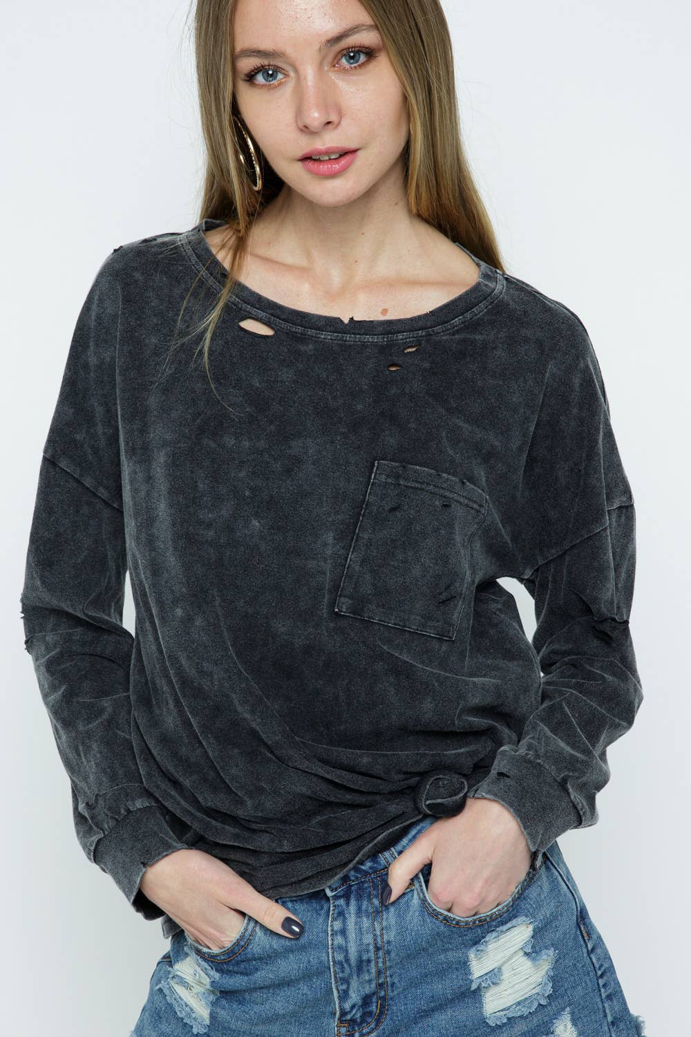 CHARCOAL 12567T - MINERAL WASHED DISTRESSED KNIT TOP for wholesale on Faire