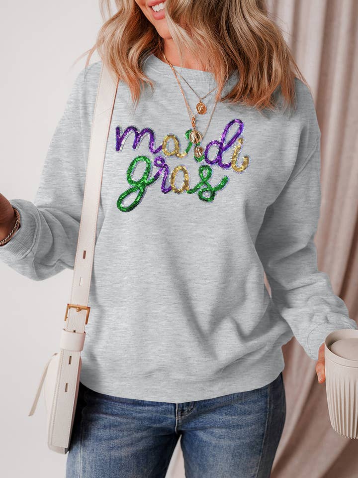 Mardi Gras Farverig Skrift Grafisk Blød Pullover for engroshandel hos Lovesoft