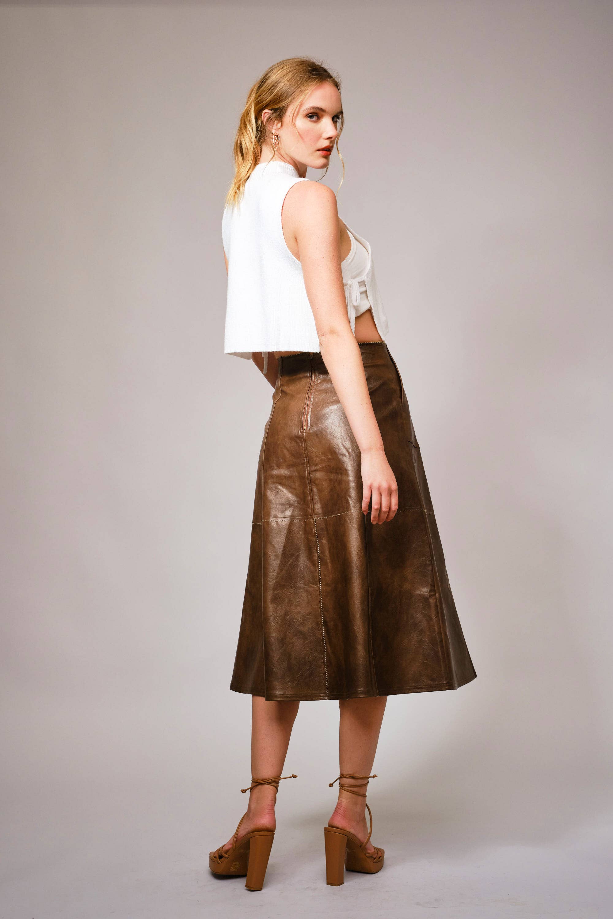 BROWN 37012S - Zigzag Seam Washed Faux Leather Midi Skirt for wholesale on Faire6