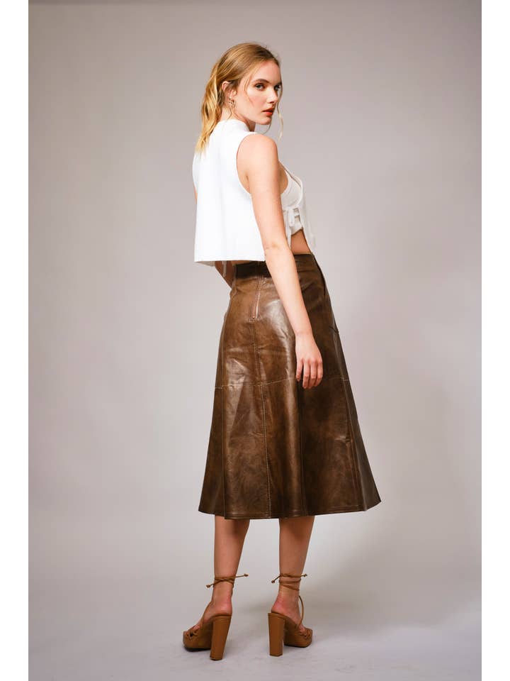 BROWN 37012S - Zigzag Seam Washed Faux Leather Midi Skirt for wholesale on Faire6