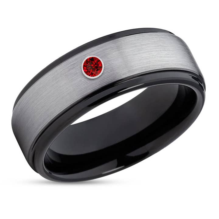 Black Tungsten Ring - Black Tungsten Band - Ruby Wedding Ring - Tungsten Wedding Ring for wholesale by Lucky Love Rings