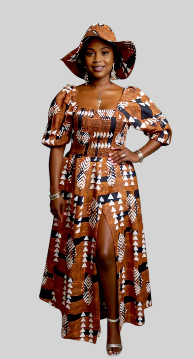 India Batik – wholesale Dress – Women's – Maxi Slit Dress with Hat & Scarf Set SD01 Brown1